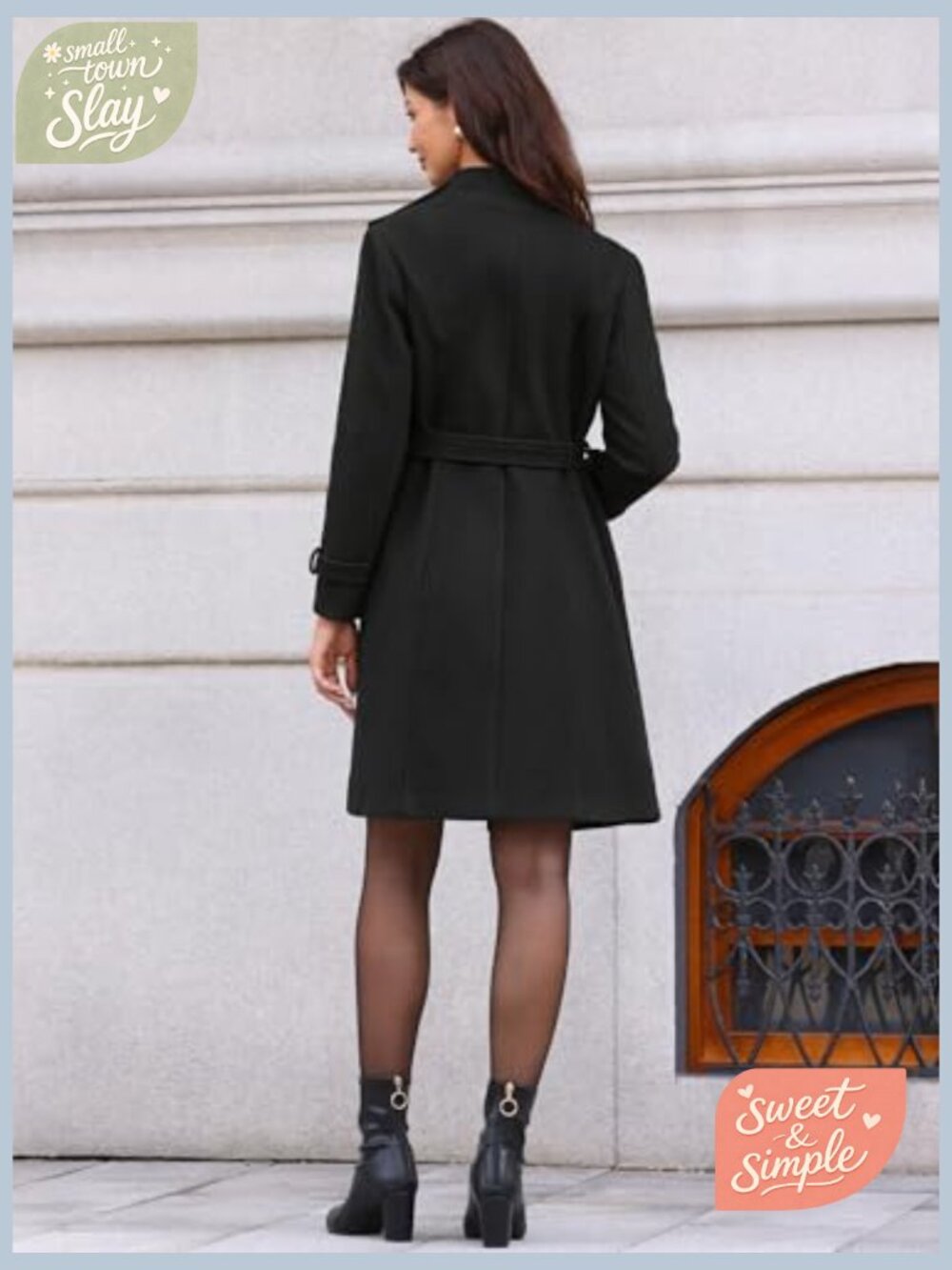 Stand Collar Double Breasted Pea Coat Long Winter Coat with Belt - Picture 3 of 6